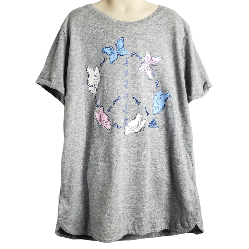 Adidas Girls Shirt Size 16 Grey Butterflies Cuffed Sleeves